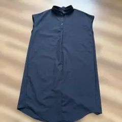 襟付き　ロングワンピース バンドカラー ダークグレー　シンプル