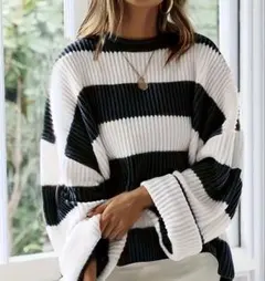 長袖セーター 黒と白のストライプ
