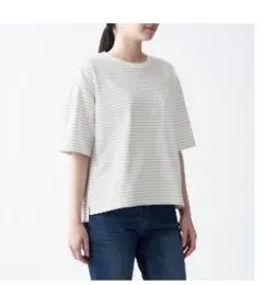 無印良品 半袖ボーダーTシャツ ライトグレーM-Lのサムネイル
