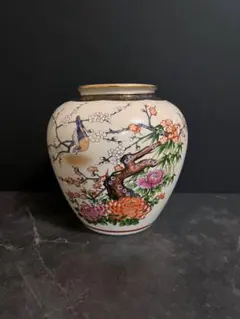 九谷焼　花瓶　壺　紅白梅　菊　牡丹　鶯　青粒鉄仙　清峰堂　加賀　やきもの