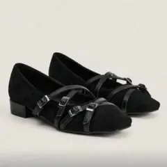 レディース クロスストラップ フラット スリッポンシューズ ブラック　パンプス