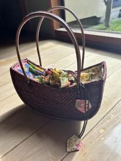 手提げカバン　鞄　木製　手作り　巾着バック　アジアンバック　籠　カゴバック