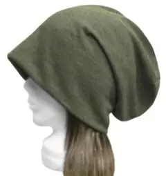 ハンドメイド◆ロングルーズワッチキャップ◆鹿の子織コットンニット／杢オリーブ