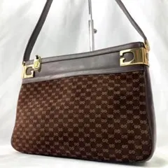 GUCCI ビンテージ GG ショルダーバッグ スエード ブラウン ロゴ レザー