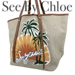 美品 SEE BY CHLOE トートバッグ リネン ヤシの木 A4可 大容量のサムネイル