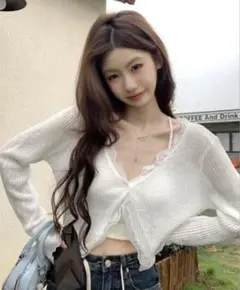 シーイン　shein カーディガン　フリル　レース　薄手　花　ホワイト　白のサムネイル