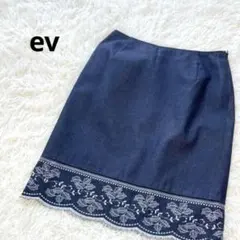 デニム スカート 膝丈 刺繍 インディゴ 濃紺 綿 ストレッチ有り