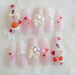 現品❤量産型 ぷっくりさくらんぼ 斜めチェック ワンホン チーク ネイルチップ