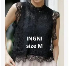 美品 イング レディースM 総レース フリルフレンチスリーブトップス 黒ブラウス