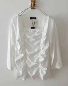 スムース スクエアネック ホワイト ギャザー七分袖カットソー 3L 大きいサイズ