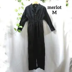 メルロー オープンカラージャンプスーツ(M)コットン ウエストゴム スリムパンツ