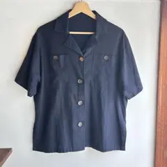 美品】theory オープンカラーシャツ ブラウス 半袖サテンS ネイビー 