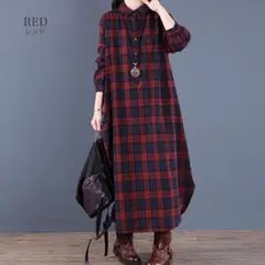 L ロング ワンピース　赤　シャツ　チェック柄　サイドスリット　b11