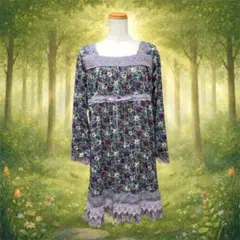 森ガール フェアリーグランジ 花柄ベロア調レースワンピースチュニック