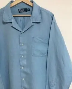 ポロラルフローレン リネンシルク オープンカラーシャツ ブルー XL裾ポニー無地