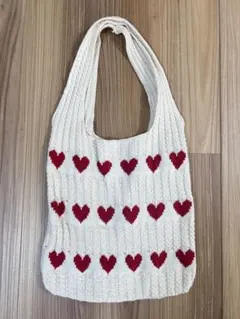 アイボリー ハート模様 ニットトートバッグ