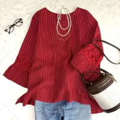 美品 フォグリネンワーク別注 ROSA TOP 半袖リネンシャツ F レッド 