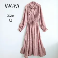 イング ワンピース ロング 花柄 ピンク M リボン付 長袖 シフォン プリーツ