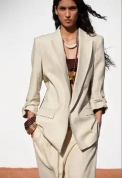 訳あり美品 ZARA ロールアップテーラードロングジャケット ベージュ M相当のサムネイル