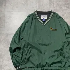 【XL】90's チャンピオン　刺繍企業ロゴ　グリーン　ナイロンプルオーバー