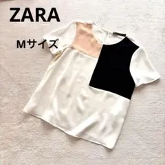 ZARA BASIC 半袖ブラウス M ホワイト/ベージュ/ブラック
