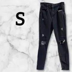 【S】レディース ボトムス ダメージ加工 ダークグレー ジェギング 古着