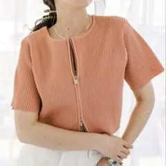 美品✨️mystic リブ編み 半袖トップス ダブルジップ サーモンピンク 丈短