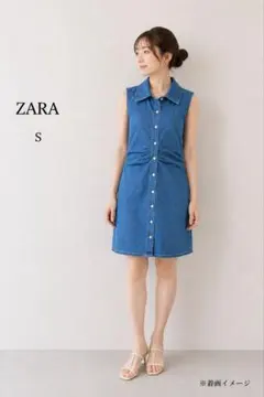 ZARA デニムワンピース S ブルー ノースリーブ 襟付き