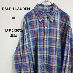 ラルフローレン 長袖チェックシャツ リネン30％混合 CLASSIC FIT M