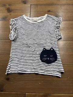 petit main ストライプ猫ポケットTシャツ 100