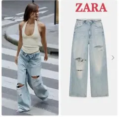 ZARA ダメージデニム ワイドパンツ　32
