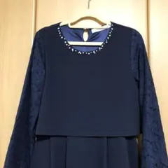 THE EMPORIUM ネイビー 長袖 ドッキング ワンピース パール装飾 Mのサムネイル