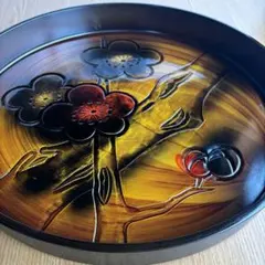 大型38cm 丸盆 梅柄 漆器風トレー 和モダン 来客用 飾り盆