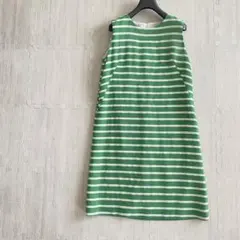 INEDレトロボーダーノースリーブワンピース　グリーン　9号　日本製
