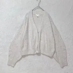 H&M ウール混 ニットカーディガン パール付き L ベージュ 前開き Vネック