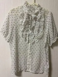 iiMK 白×黒ハート柄♡ ボウタイリボン フリルブラウス Mのサムネイル