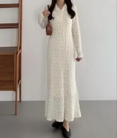 カットレース長袖ポロワンピース（ペチワンピースセット） アイボリー S