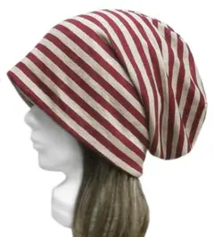 ハンドメイド◆ルーズワッチキャップ◆ボーダー柄 甘織リネンニット／ベージュ×赤