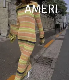 AMERI MULTI BORDER KNIT DRESS ライム M 【新品】