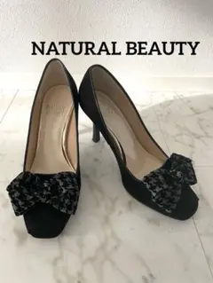 【NATURAL BEAUTY】千鳥格子リボン スエード パンプス 黒 23のサムネイル