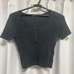 ダークグレー リブ編み 半袖トップス