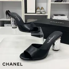未使用 香奈兒 雙C標誌 皮革 鏡面跟 涼鞋 黑色