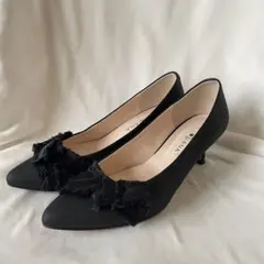 極美品★DIANAダイアナ　スムースレザーブラックリボンパンプス　黒23cm