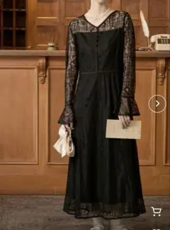 BONLECILL noir サテンパイピング フラワーチェック柄総レースドレス