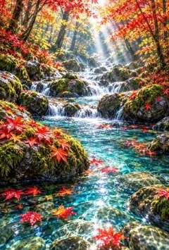 渓流の紅葉　絶景　風景画　イラスト　大自然　秋　デジタルアート　小川　C233