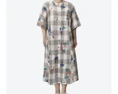 SUPERHAKKA 綿麻先染めブロックチェックフラワーロンドプリントワンピース