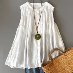 美品♪MUJI◆無印◆リネンノースリーブギャザーブラウス　バンドカラー