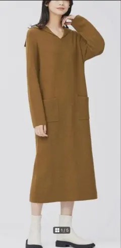 【美品】GU ニットセーラー襟 ロングワンピース スリット ブラウン Mセーター