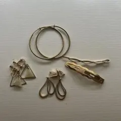 ゴールド フープイヤリング＆ドロップ型イヤリングセット ヘアピン付き