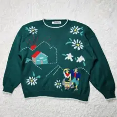 レトロ 古着 ニット セーター 総柄 ヴィンテージ アート グリーン